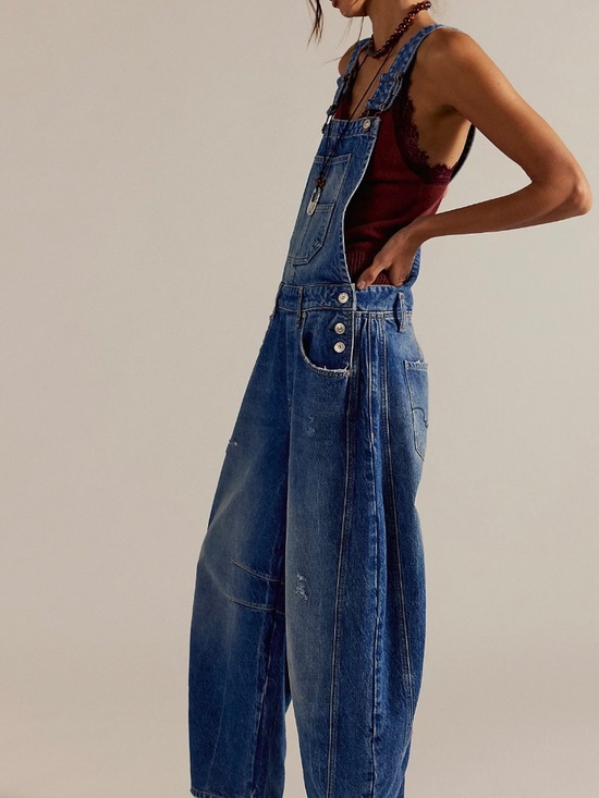 NWT Free People Good Luck Barrel Overalls in Blue Glory size L - Picture 3 of 11